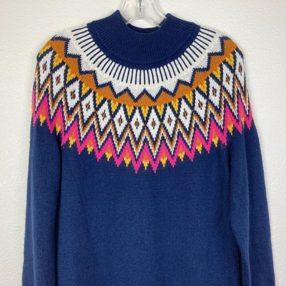Old Navy Fair Isle Sweater Dress Size S Navy Blue Cotton Blend Mock Neck - Picture 3 of 9